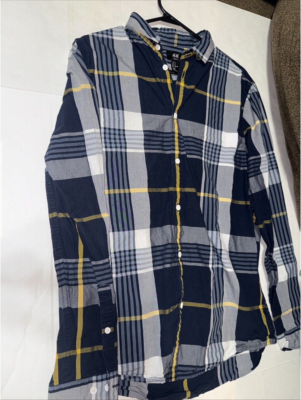 H&M Men’s Slim Fit Long Sleeve Button Up Shirt Navy/Mustard Plaid Size M